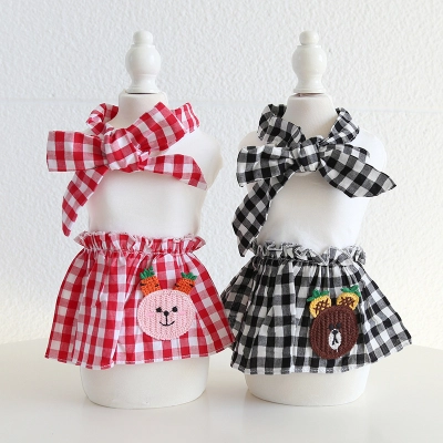 Pet Fruit Bear Dress Checkered Bow Skirt 01