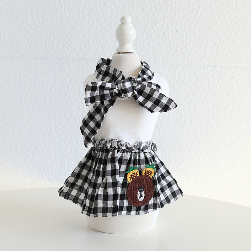 Pet Fruit Bear Dress Checkered Bow Skirt