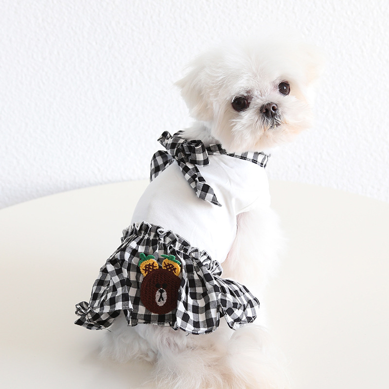 Pet Fruit Bear Dress Checkered Bow Skirt
