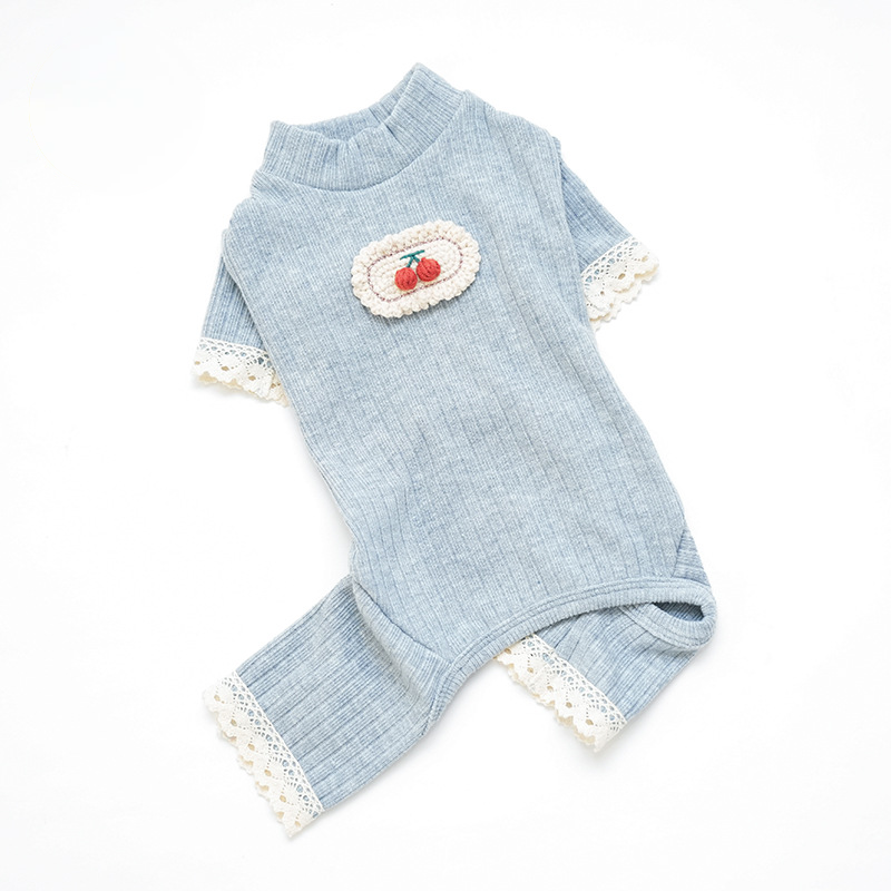 Pet Knit Sweater Ribbed Collar Cherry Embroidery Outfit