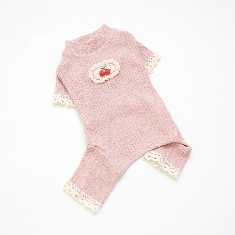 Pet Knit Sweater Ribbed Collar Cherry Embroidery Outfit