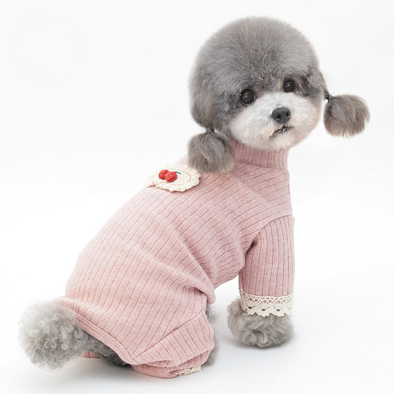 Pet Knit Sweater Ribbed Collar Cherry Embroidery Outfit