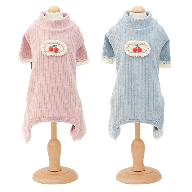 Pet Knit Sweater Ribbed Collar Cherry Embroidery Outfit