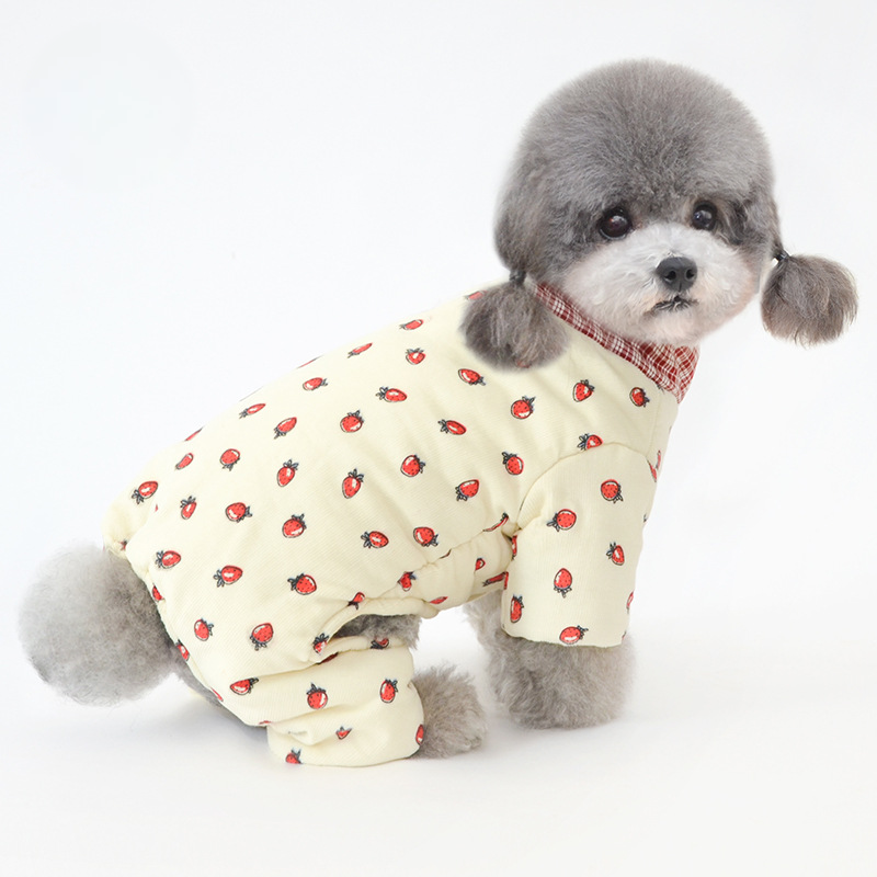 Pet Strawberry Print Jumpsuit Plush Cotton Winter Warm