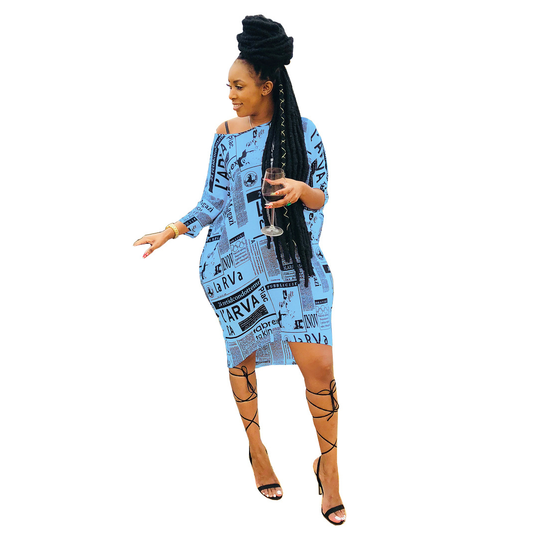 Fashionable Casual Sloping Shoulder Loose Letter Printed Dress
