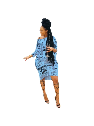 Fashionable Casual Sloping Shoulder Loose Letter Printed Dress 02