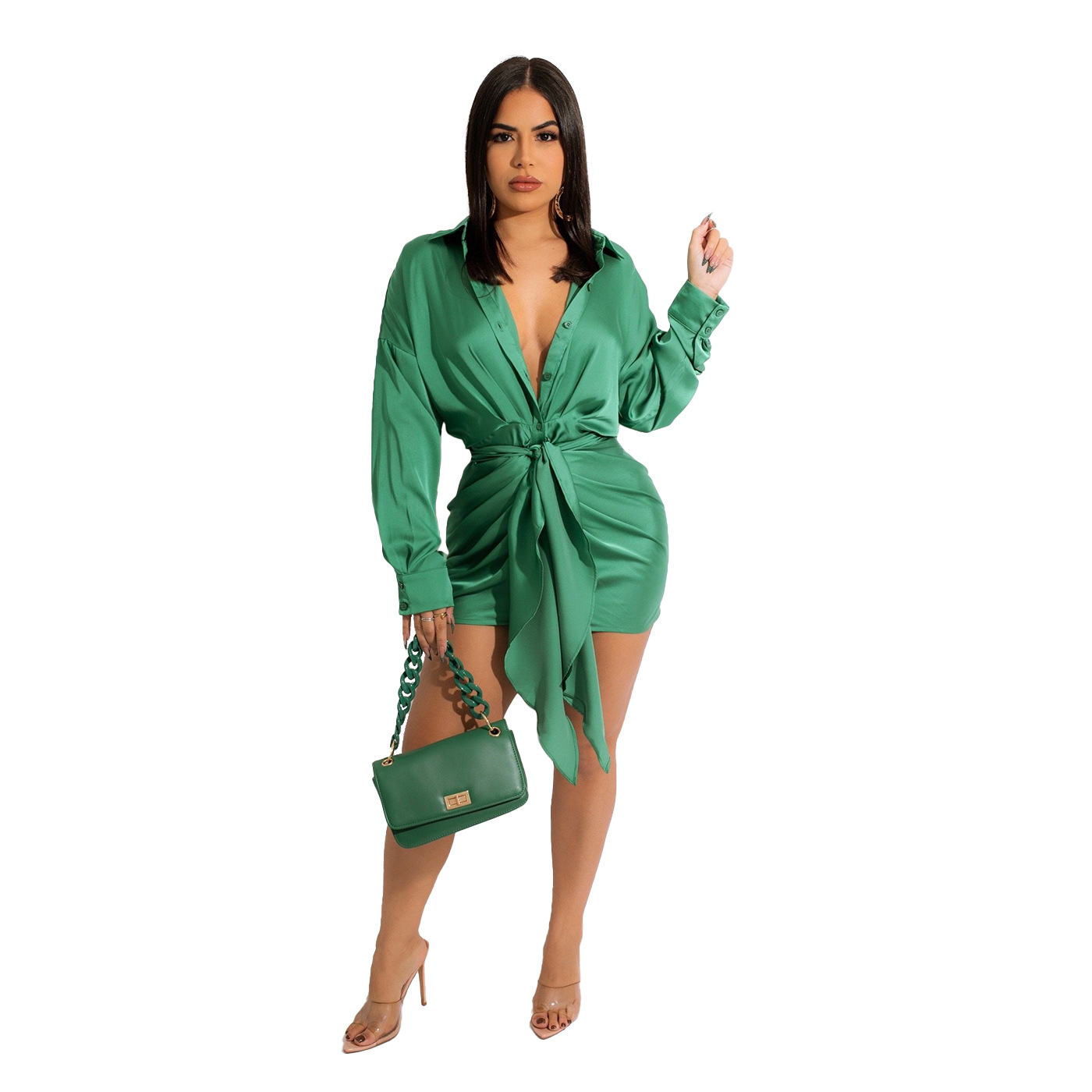 Spring and Autumn Fashion Solid Color Button Strap Dress