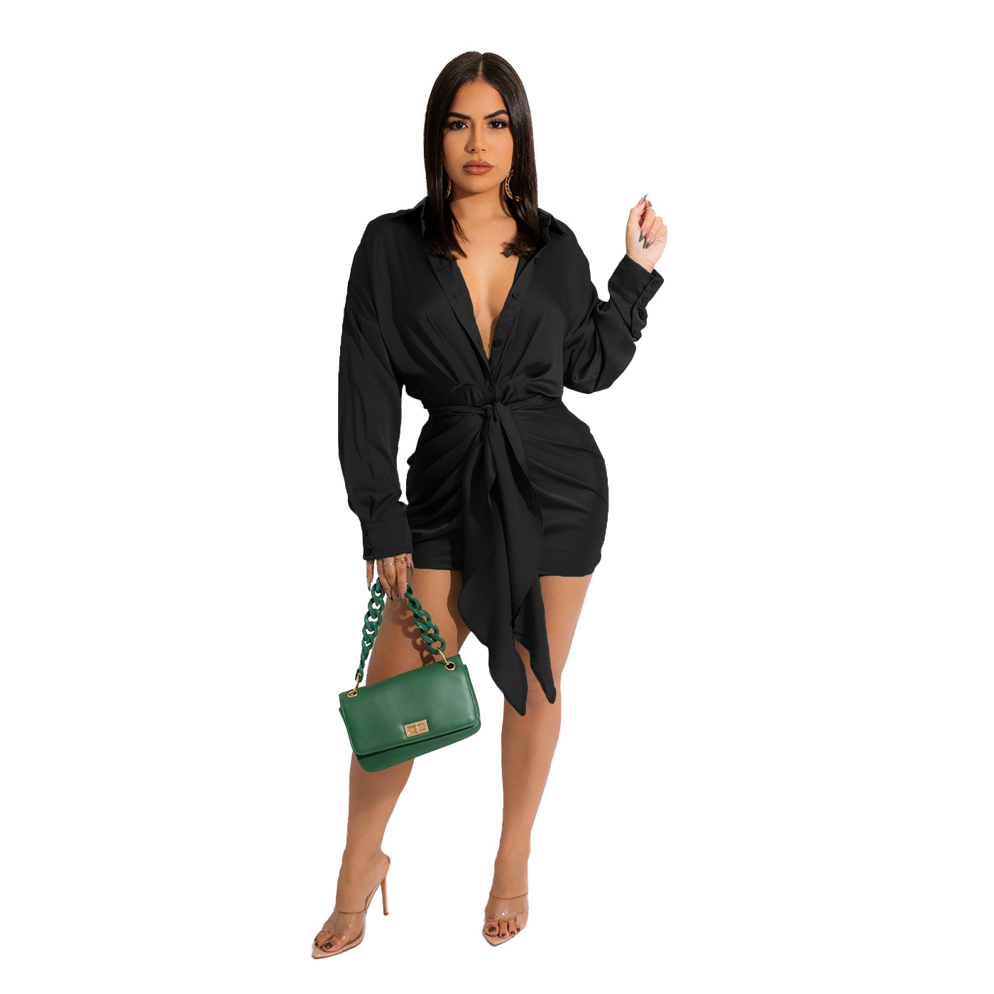 Spring and Autumn Fashion Solid Color Button Strap Dress