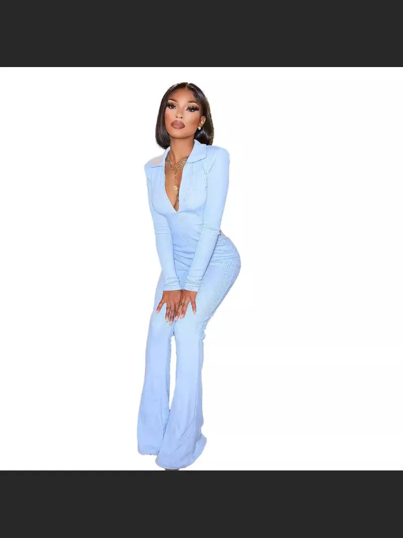 Autumn And Winter Fashion Ribbed Zipper Solid Color Jumpsuit