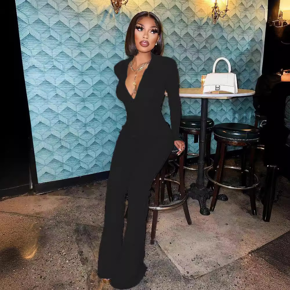 Autumn And Winter Fashion Ribbed Zipper Solid Color Jumpsuit