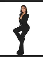 Autumn And Winter Fashion Ribbed Zipper Solid Color Jumpsuit