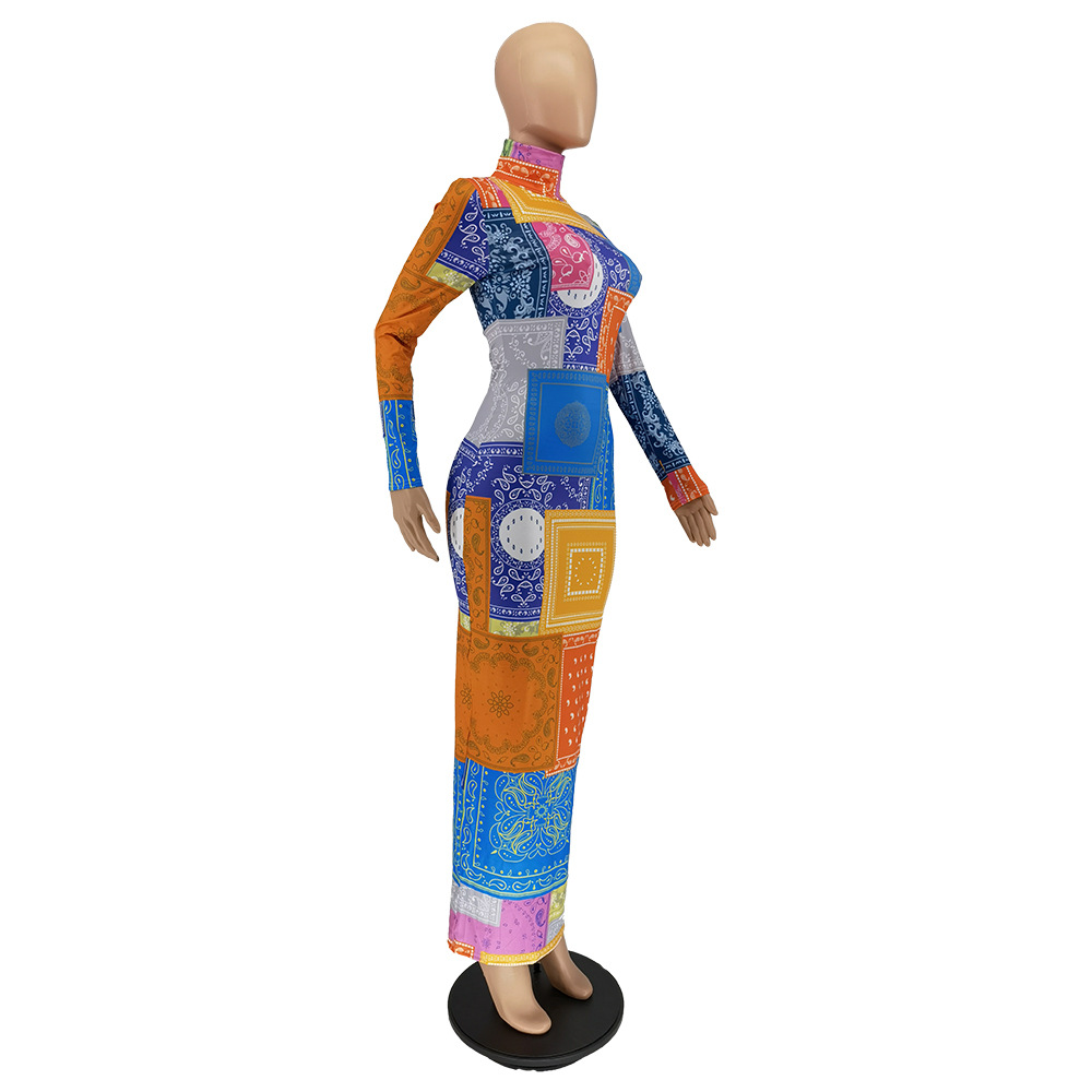 Autumn And Winter High Neck Multi-Color Cashew Print Dress