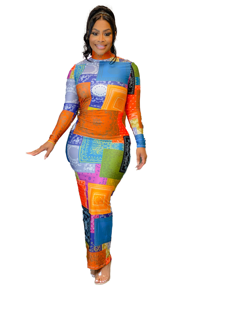 Autumn And Winter High Neck Multi-Color Cashew Print Dress