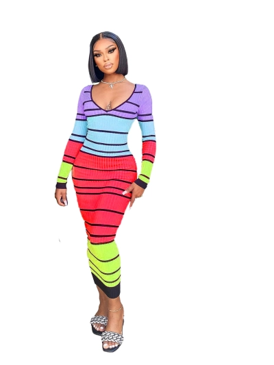 Autumn And Winter Striped Strap Dress 02