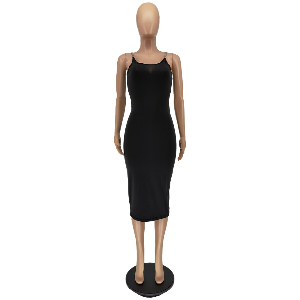 Chain Tight Solid Color Round Neck Sleeveless Off Shoulder Dress