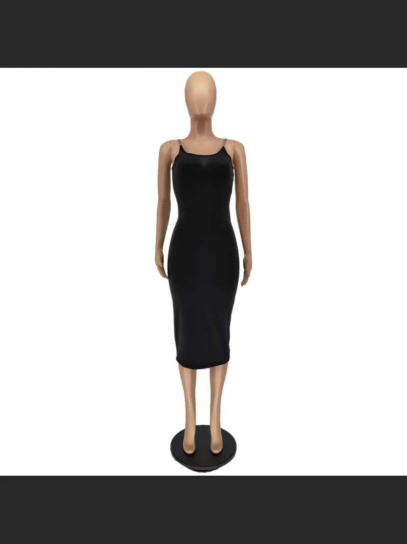 Chain Tight Solid Color Round Neck Sleeveless Off Shoulder Dress
