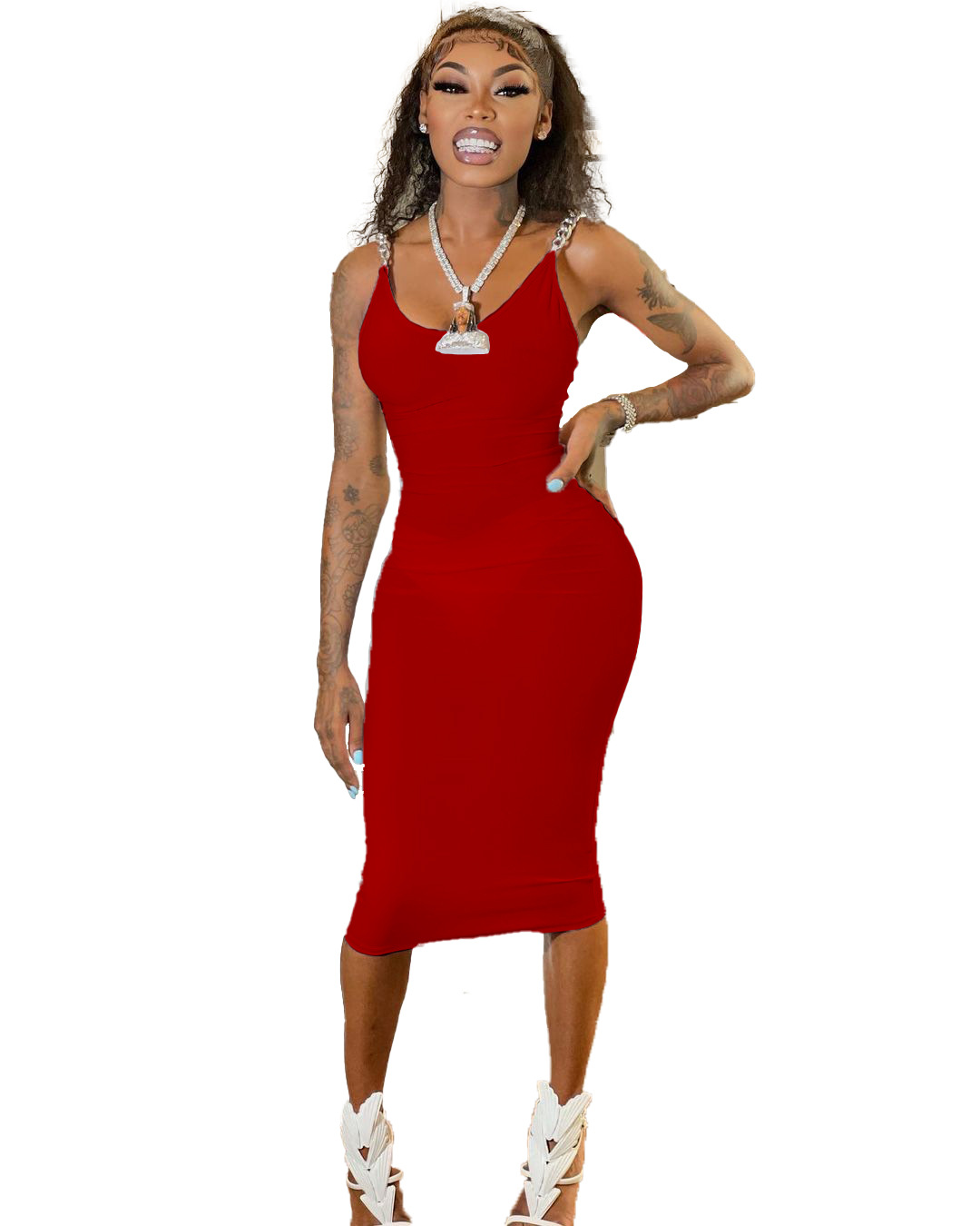 Chain Tight Solid Color Round Neck Sleeveless Off Shoulder Dress