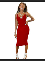 Chain Tight Solid Color Round Neck Sleeveless Off Shoulder Dress