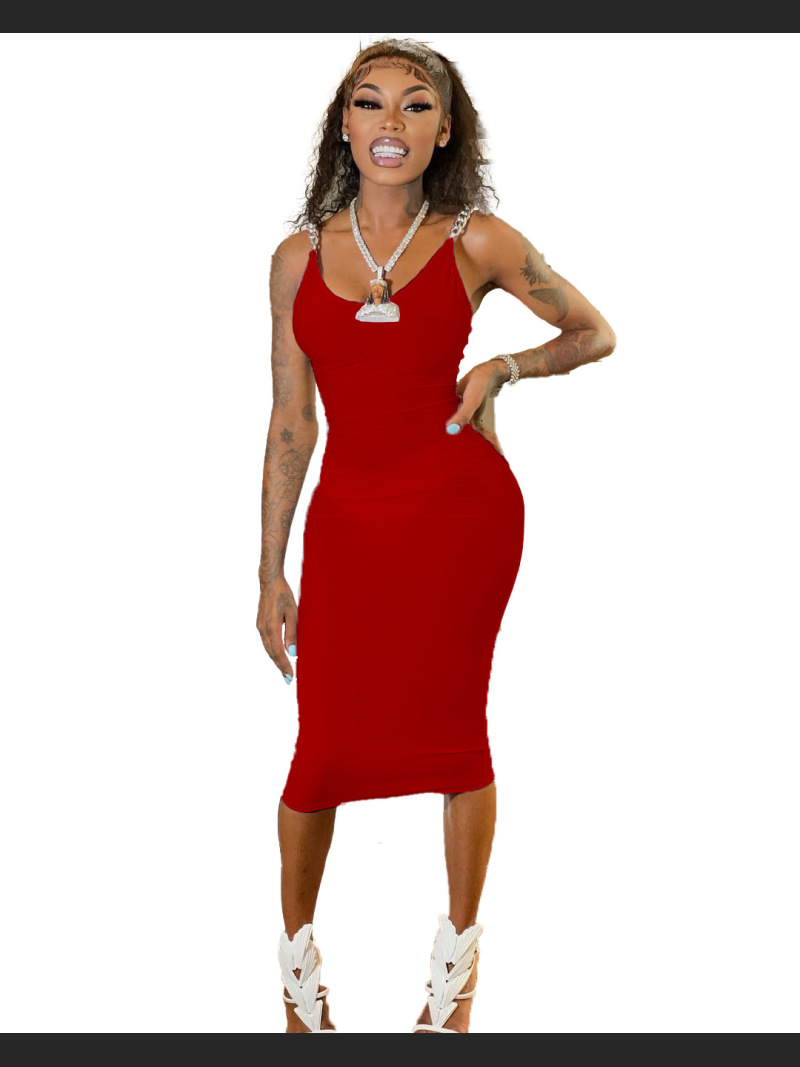 Chain Tight Solid Color Round Neck Sleeveless Off Shoulder Dress