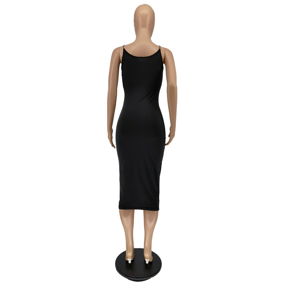 Chain Tight Solid Color Round Neck Sleeveless Off Shoulder Dress