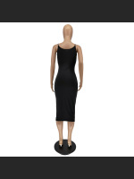 Chain Tight Solid Color Round Neck Sleeveless Off Shoulder Dress