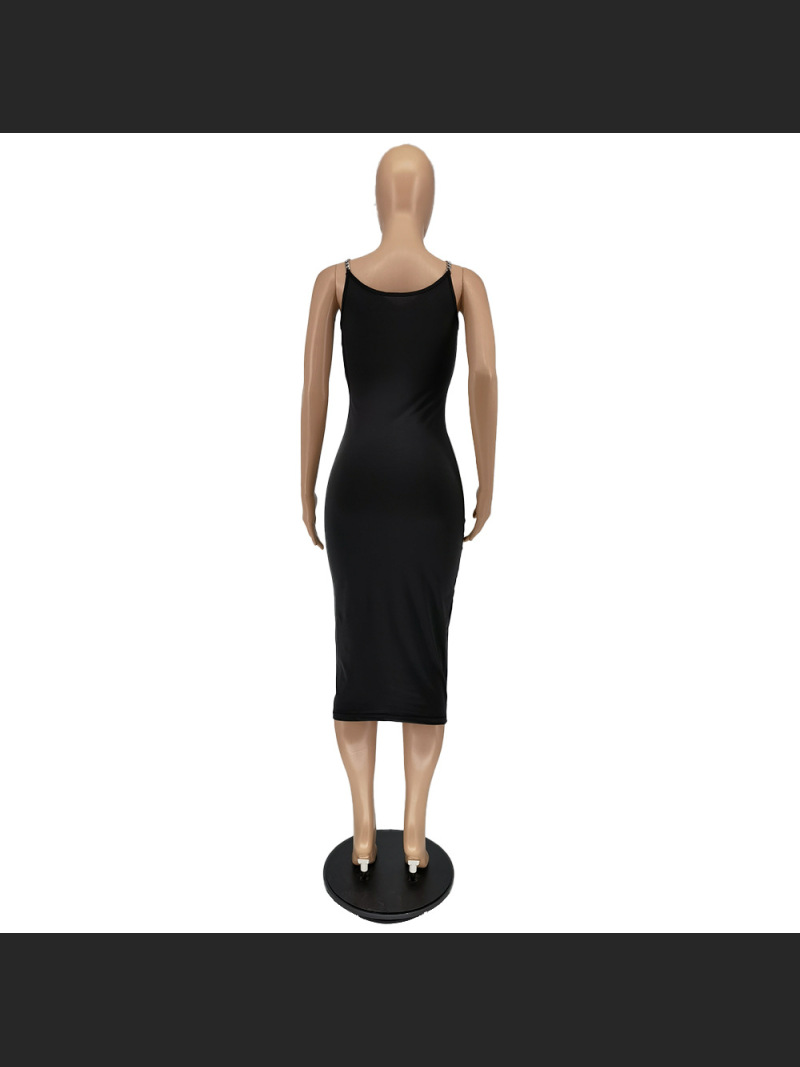 Chain Tight Solid Color Round Neck Sleeveless Off Shoulder Dress