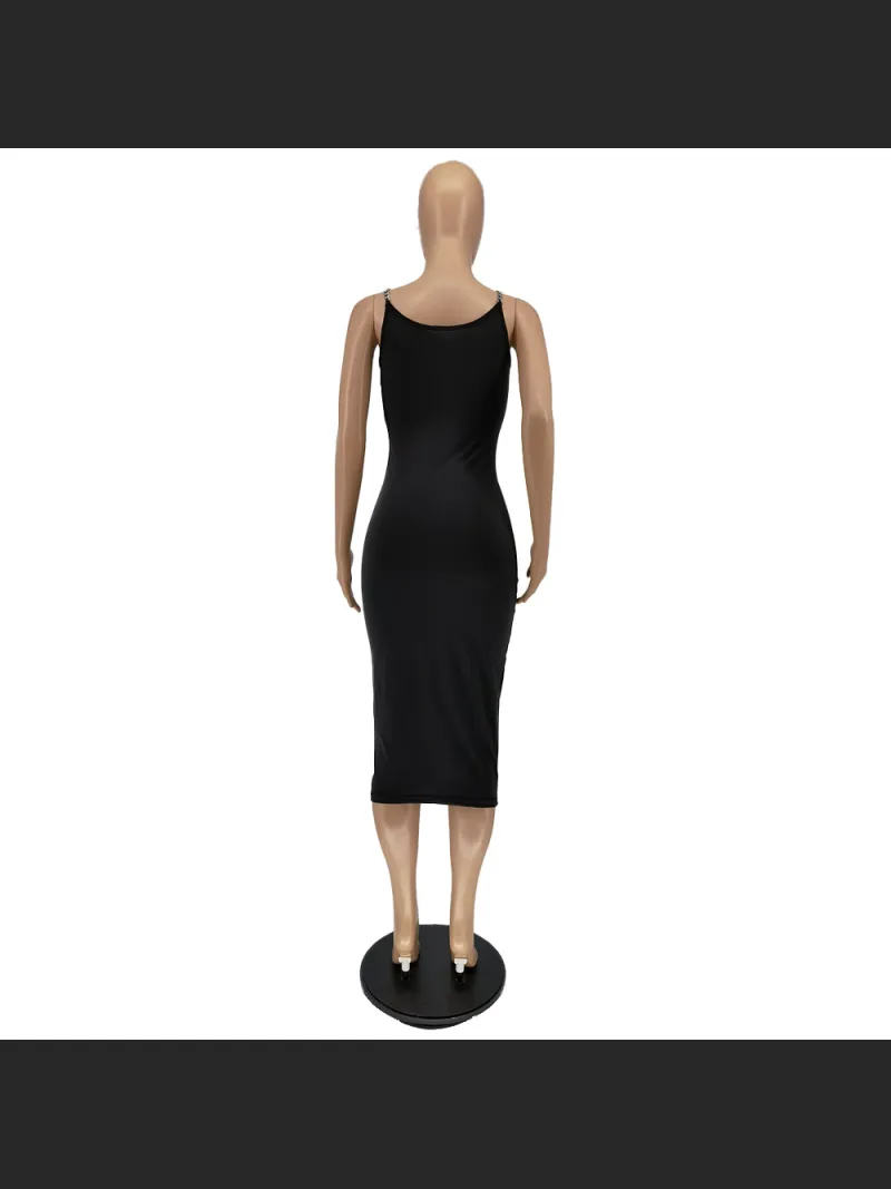 Chain Tight Solid Color Round Neck Sleeveless Off Shoulder Dress