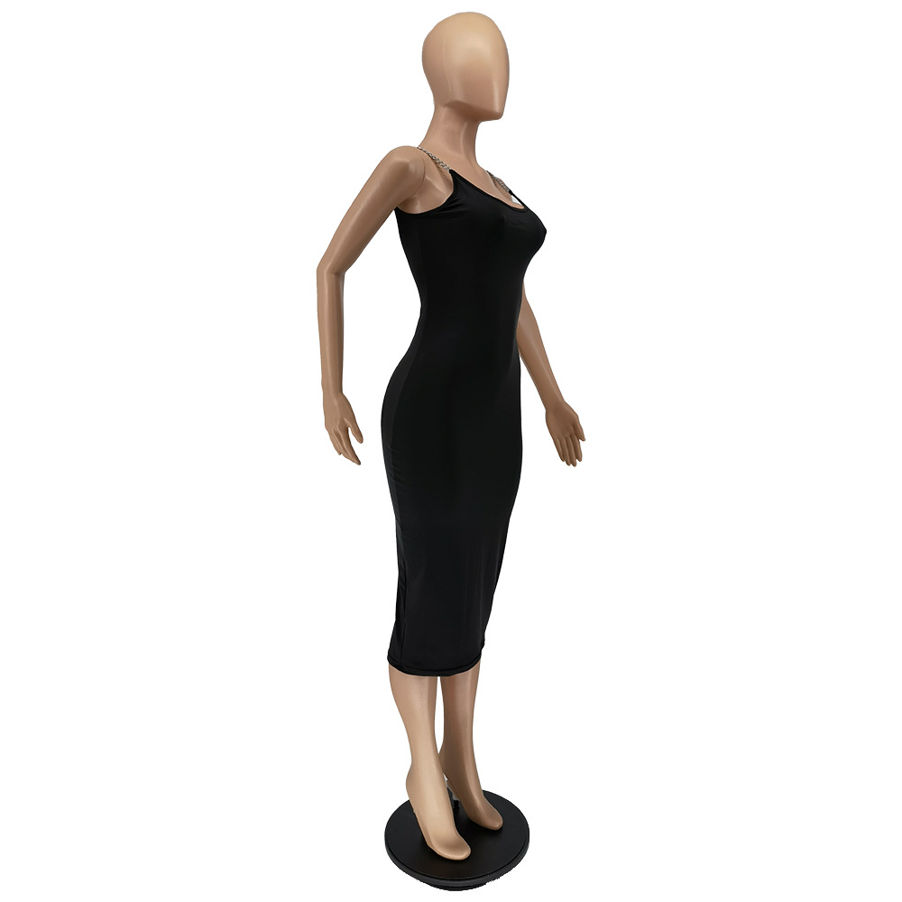 Chain Tight Solid Color Round Neck Sleeveless Off Shoulder Dress