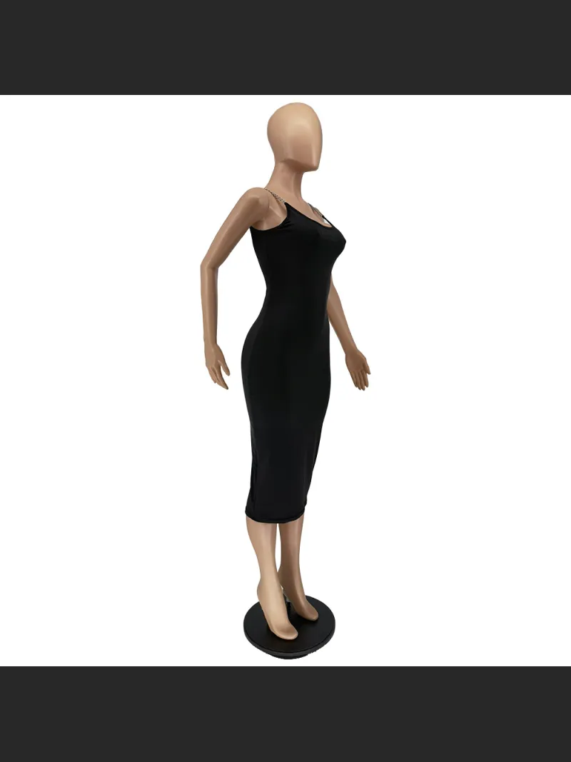 Chain Tight Solid Color Round Neck Sleeveless Off Shoulder Dress