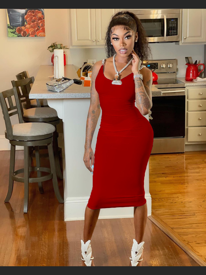 Chain Tight Solid Color Round Neck Sleeveless Off Shoulder Dress