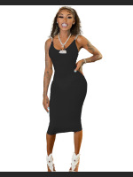 Chain Tight Solid Color Round Neck Sleeveless Off Shoulder Dress