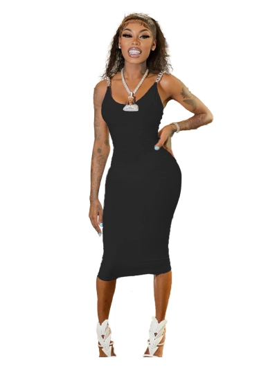 Chain Tight Solid Color Round Neck Sleeveless Off Shoulder Dress 02