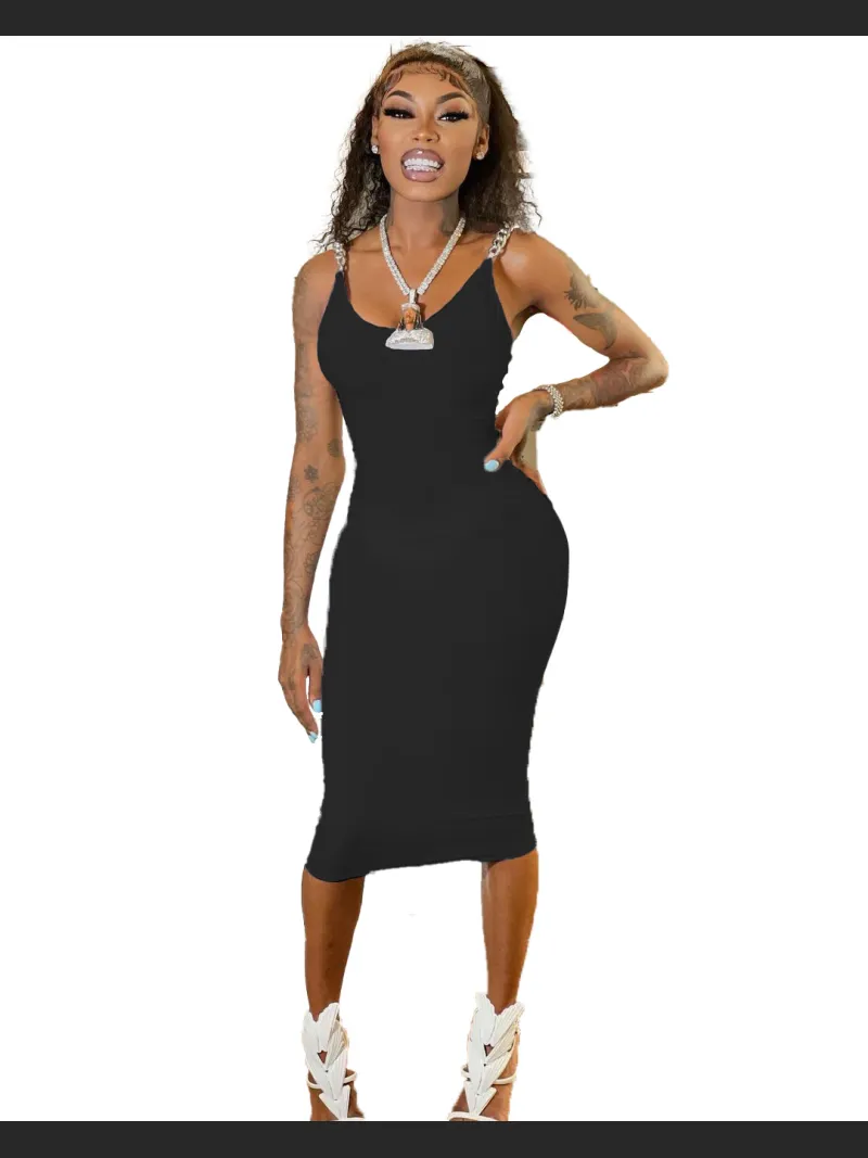 Chain Tight Solid Color Round Neck Sleeveless Off Shoulder Dress