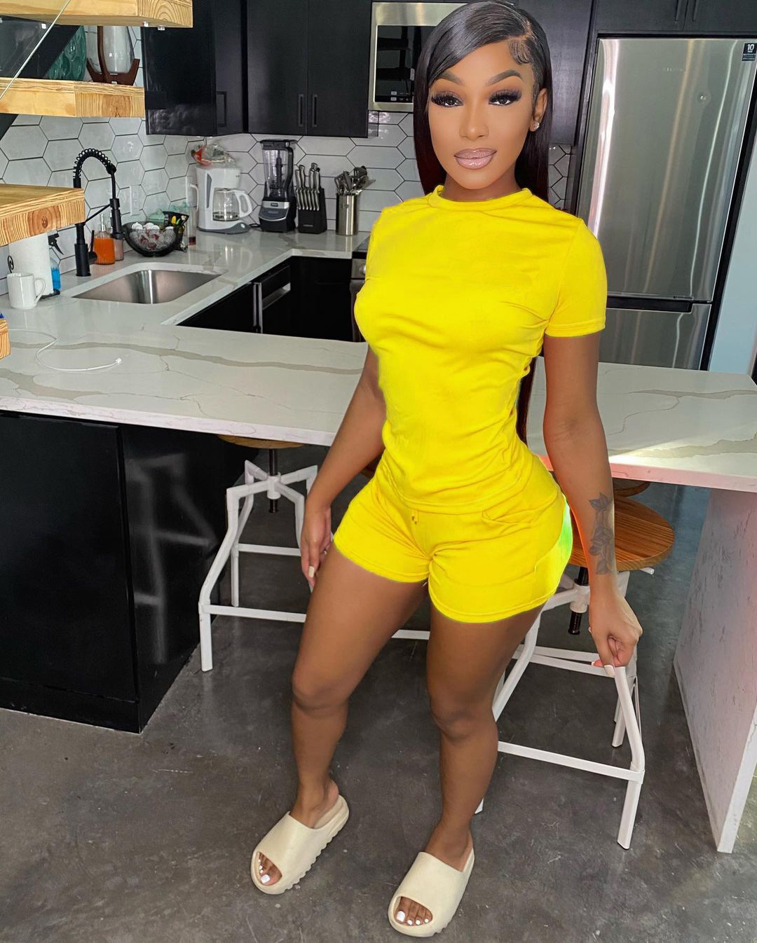 Summer Solid Color T-shirt Strap Shorts Two Piece Set