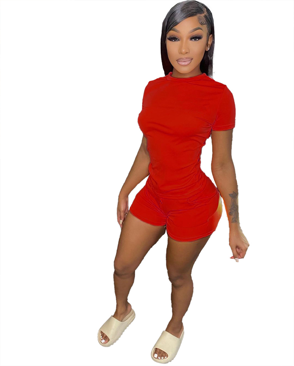 Summer Solid Color T-shirt Strap Shorts Two Piece Set