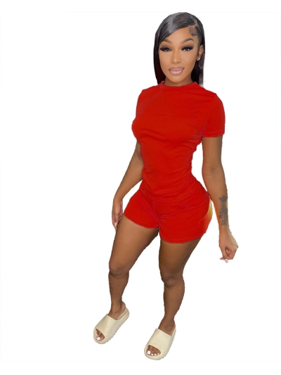 Summer Solid Color T-shirt Strap Shorts Two Piece Set 01