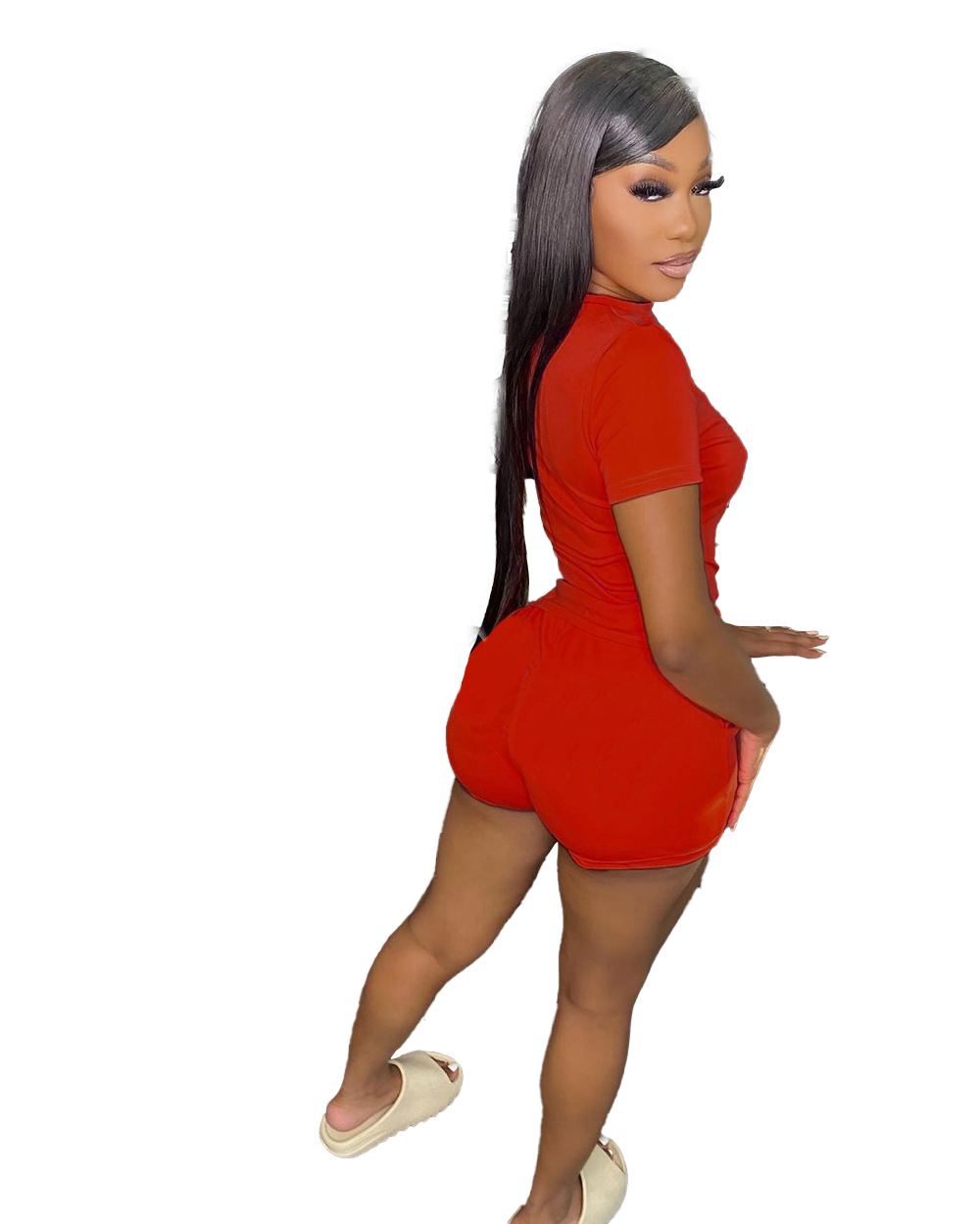 Summer Solid Color T-shirt Strap Shorts Two Piece Set