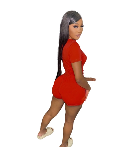 Summer Solid Color T-shirt Strap Shorts Two Piece Set 02