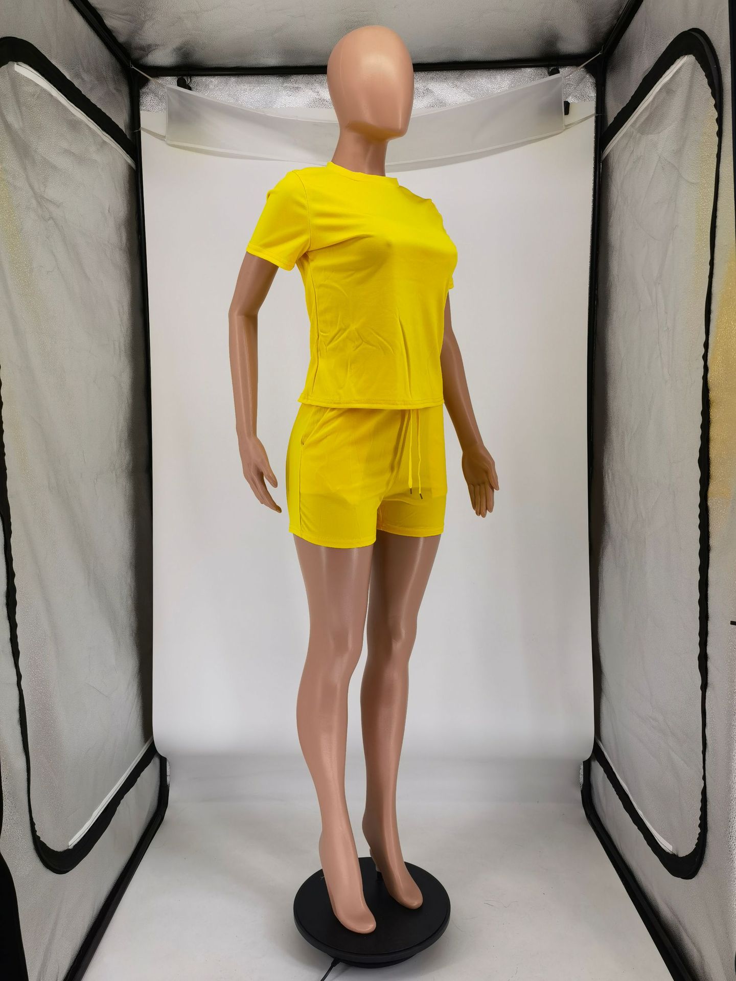 Summer Solid Color T-shirt Strap Shorts Two Piece Set