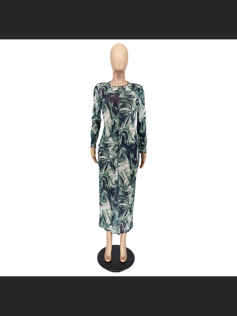 Early Autumn Fashion Mesh Leader Anti-Car Print Dress