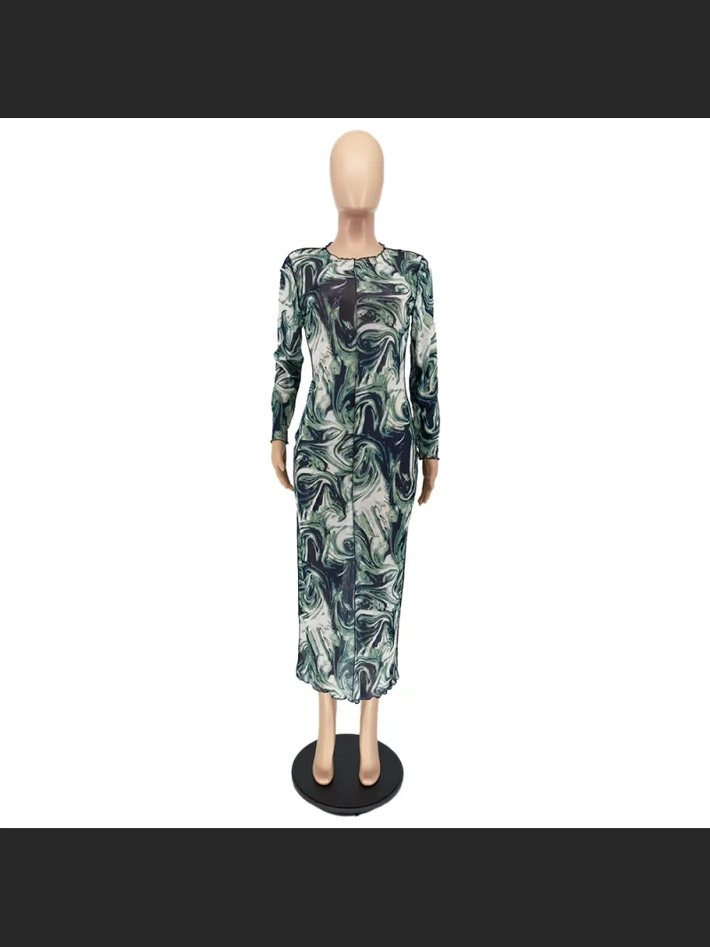 Early Autumn Fashion Mesh Leader Anti-Car Print Dress