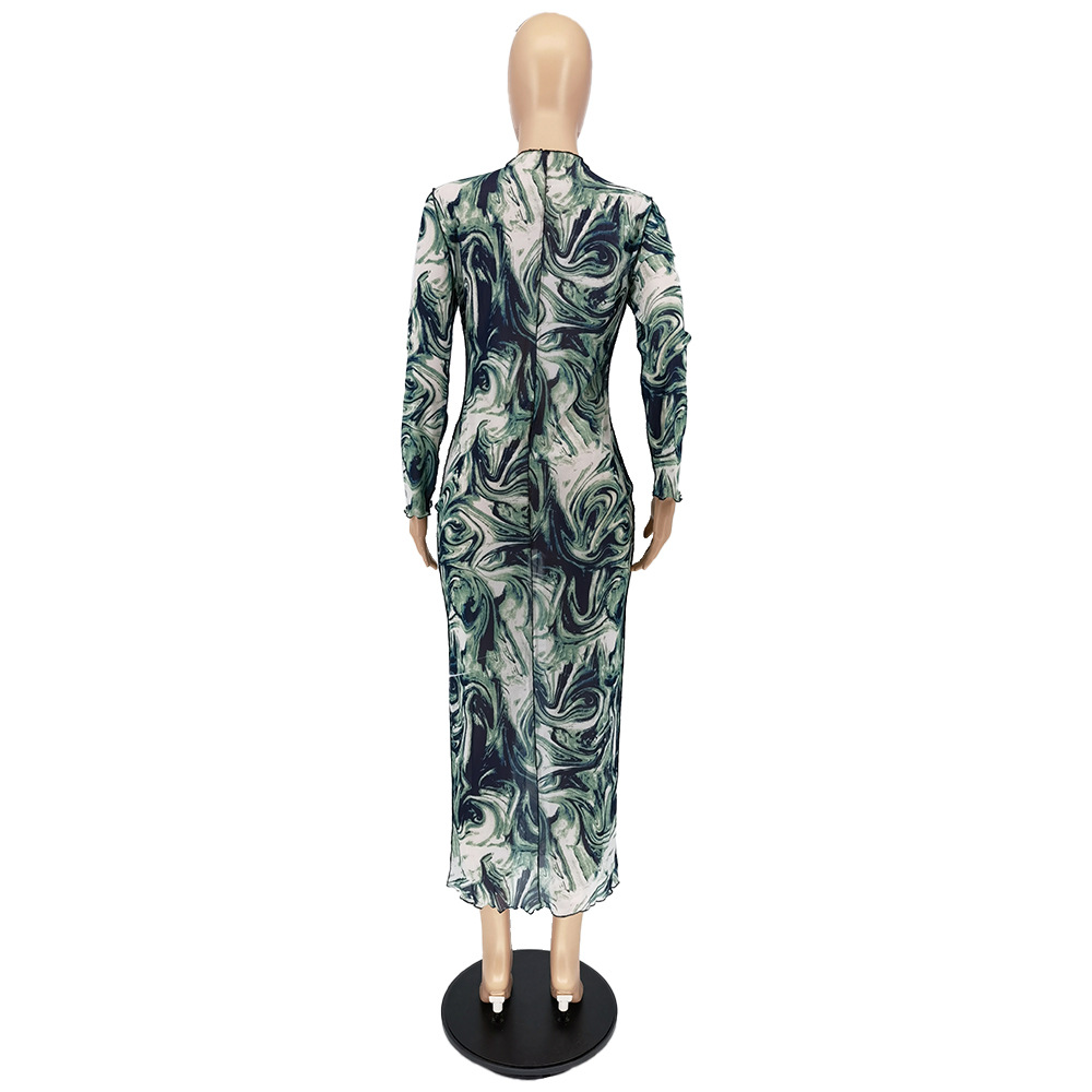 Early Autumn Fashion Mesh Leader Anti-Car Print Dress