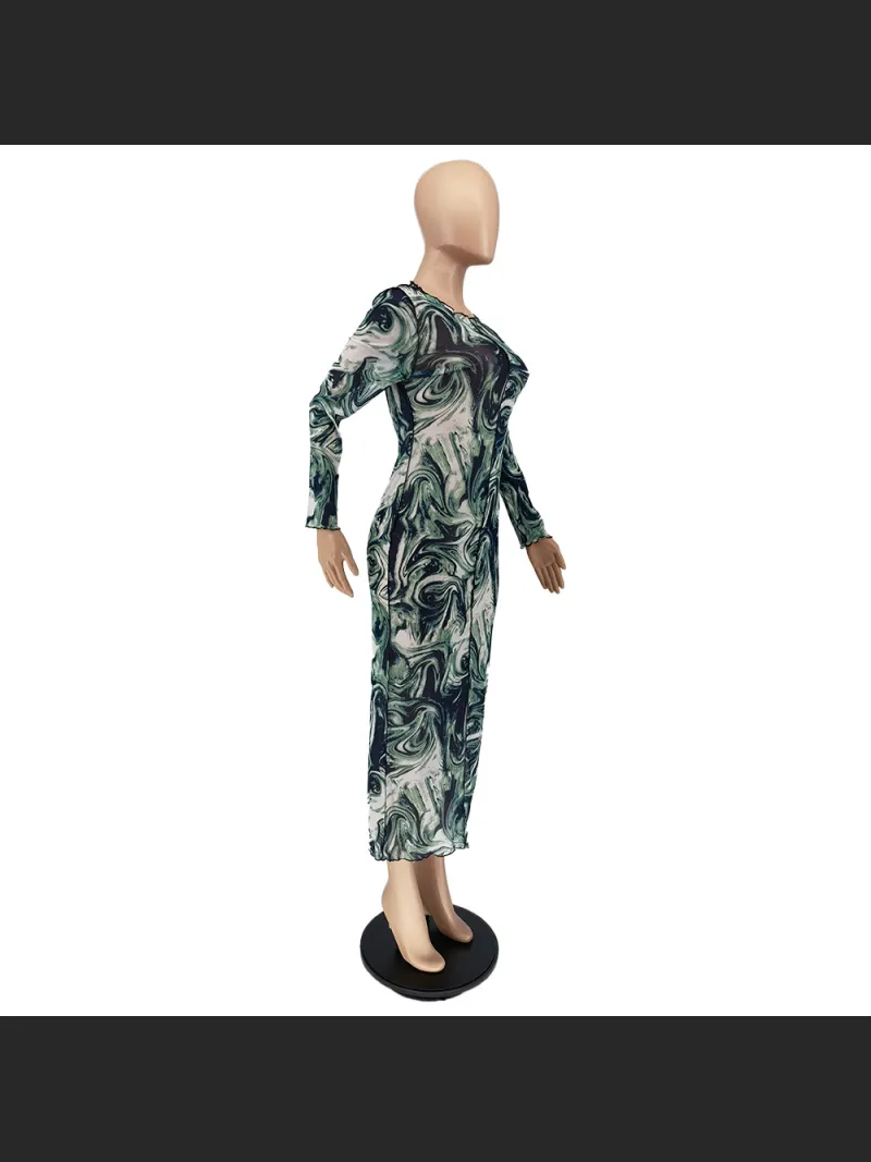 Early Autumn Fashion Mesh Leader Anti-Car Print Dress