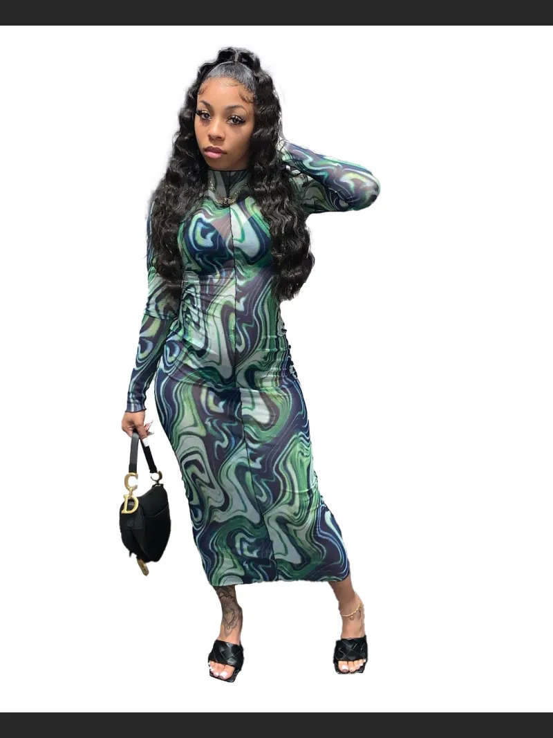 Early Autumn Fashion Mesh Leader Anti-Car Print Dress