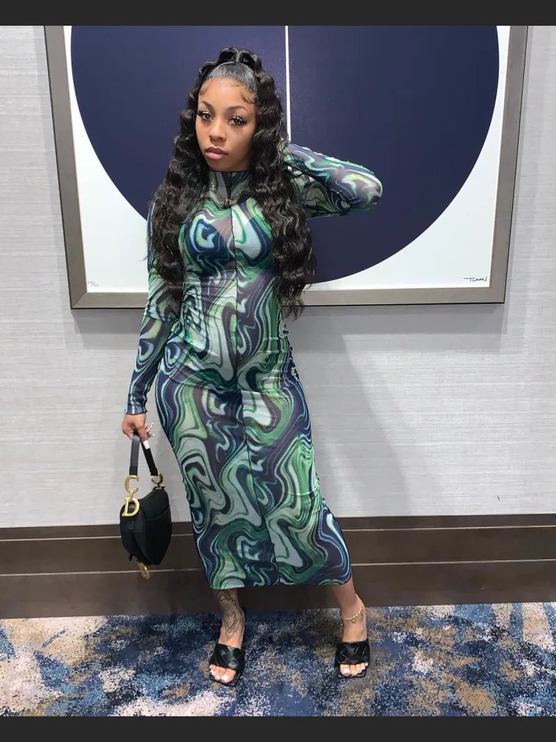 Early Autumn Fashion Mesh Leader Anti-Car Print Dress
