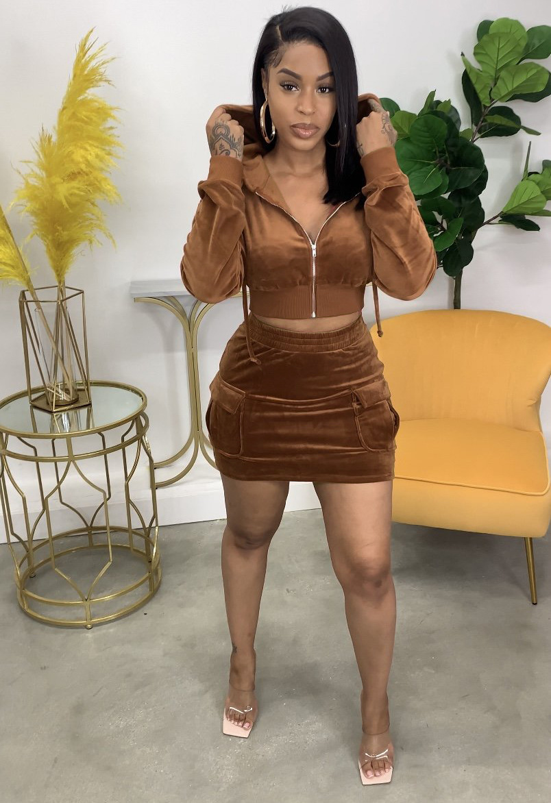 Early Autumn Fashion Solid Color Zipper Collar Korean Velvet Set