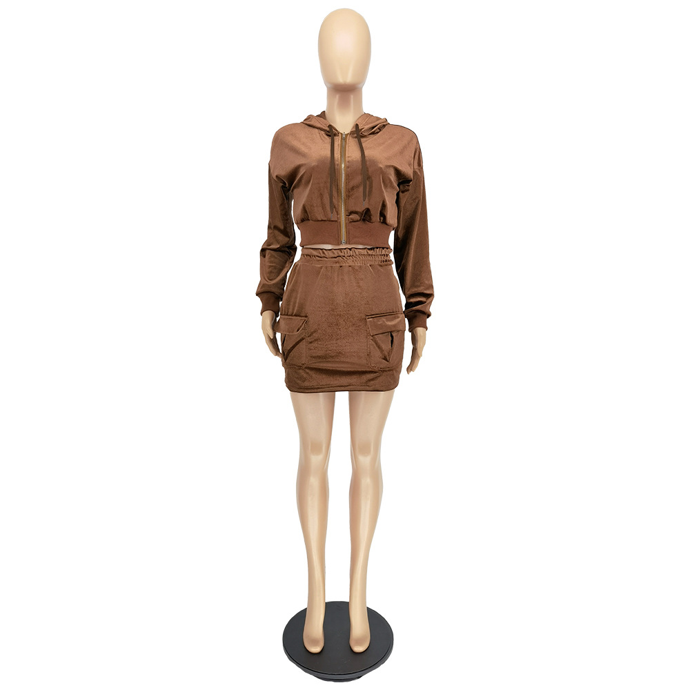 Early Autumn Fashion Solid Color Zipper Collar Korean Velvet Set