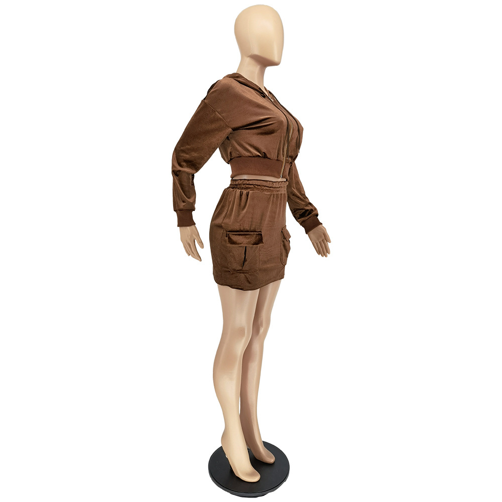 Early Autumn Fashion Solid Color Zipper Collar Korean Velvet Set