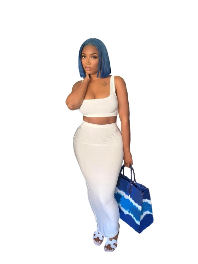 Fashion Solid Color Vest And Long Skirt Set 01