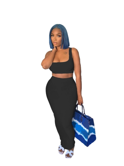 Fashion Solid Color Vest And Long Skirt Set 02